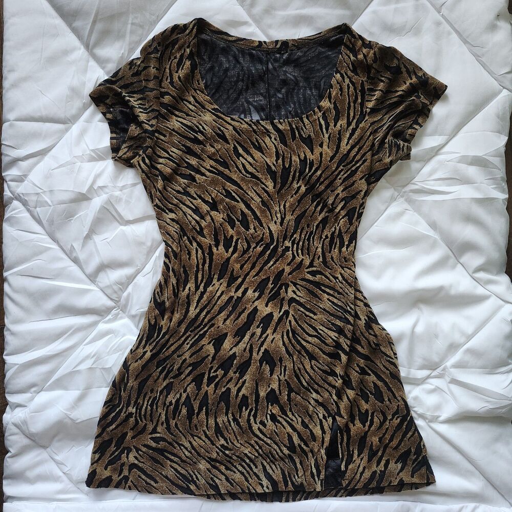 Tiger Print Brown & Black Scoop Neck Mini Dress Size S